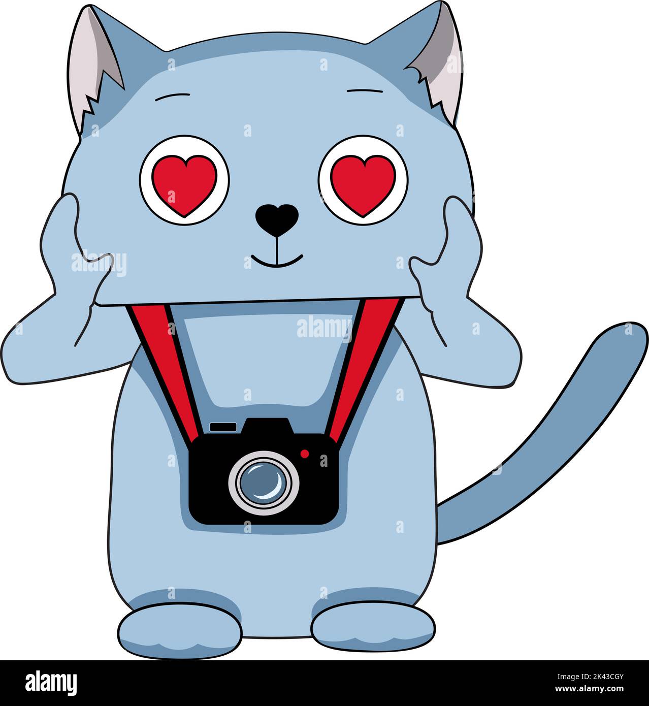 Cute cartoon blue cat is a photographer, standing with a camera around