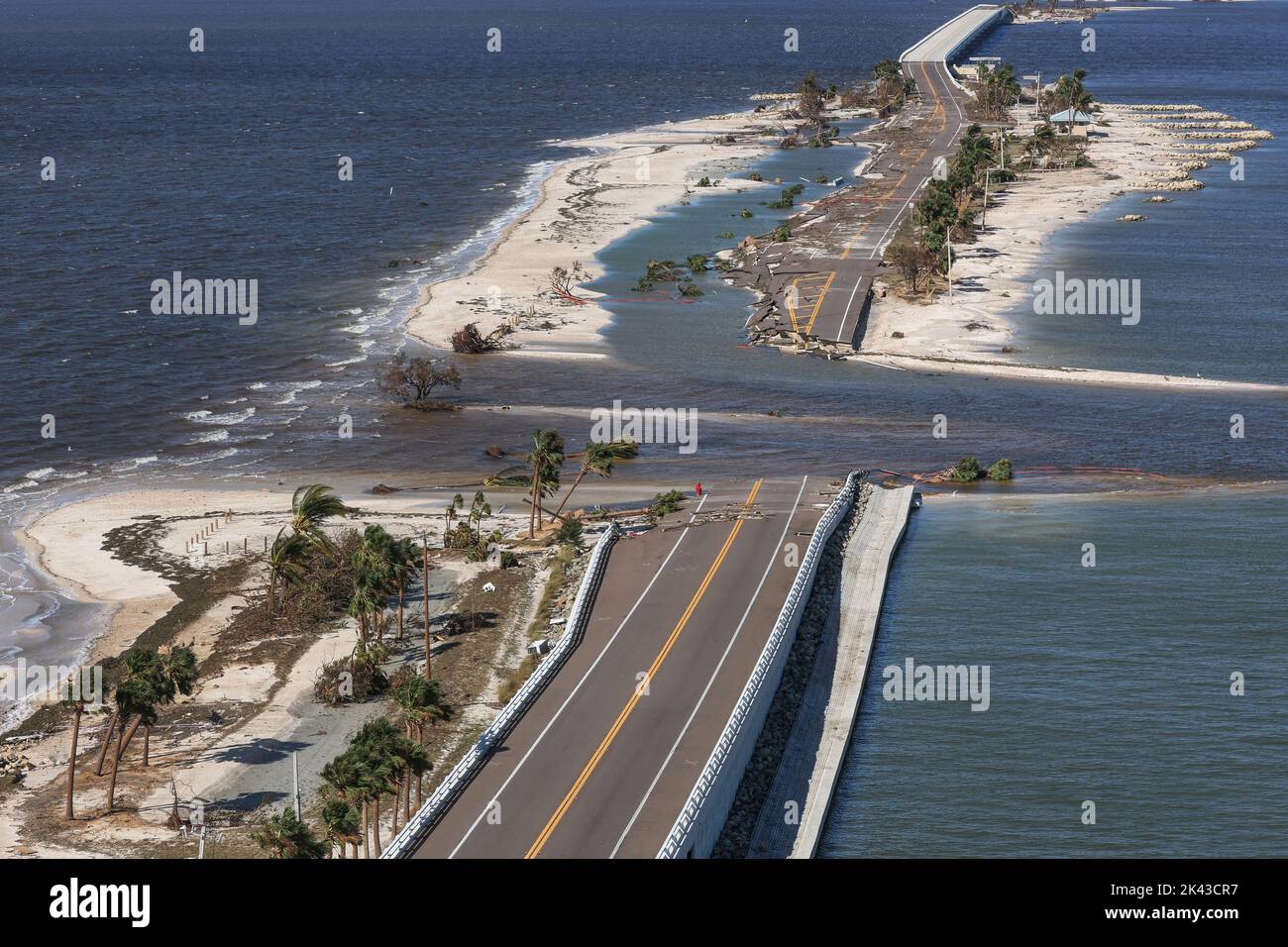 An aerial view of a partially collapsed Sanibel Causeway after Hurricane Ian caused widespread destruction, in Sanibel Island, Florida, U.S., September 29, 2022. REUTERS/Shannon Stapleton Stock Photo