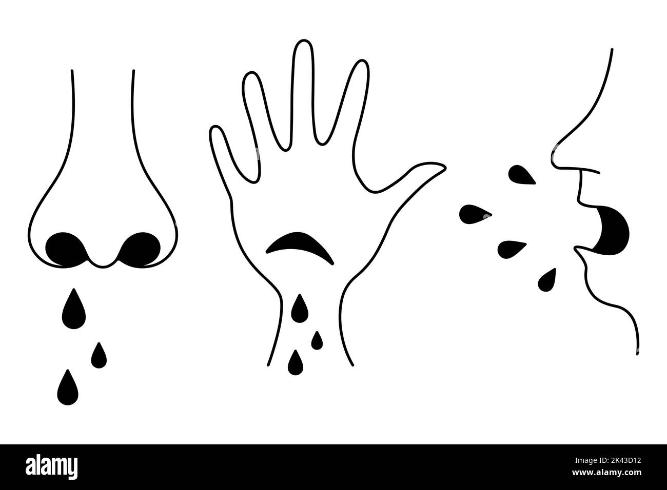 Coughing and sneezing, a cut on the palm, a wound with drops of blood, a human nose front view, runny nose. Silhouettes of splashing drops. Stock Vector