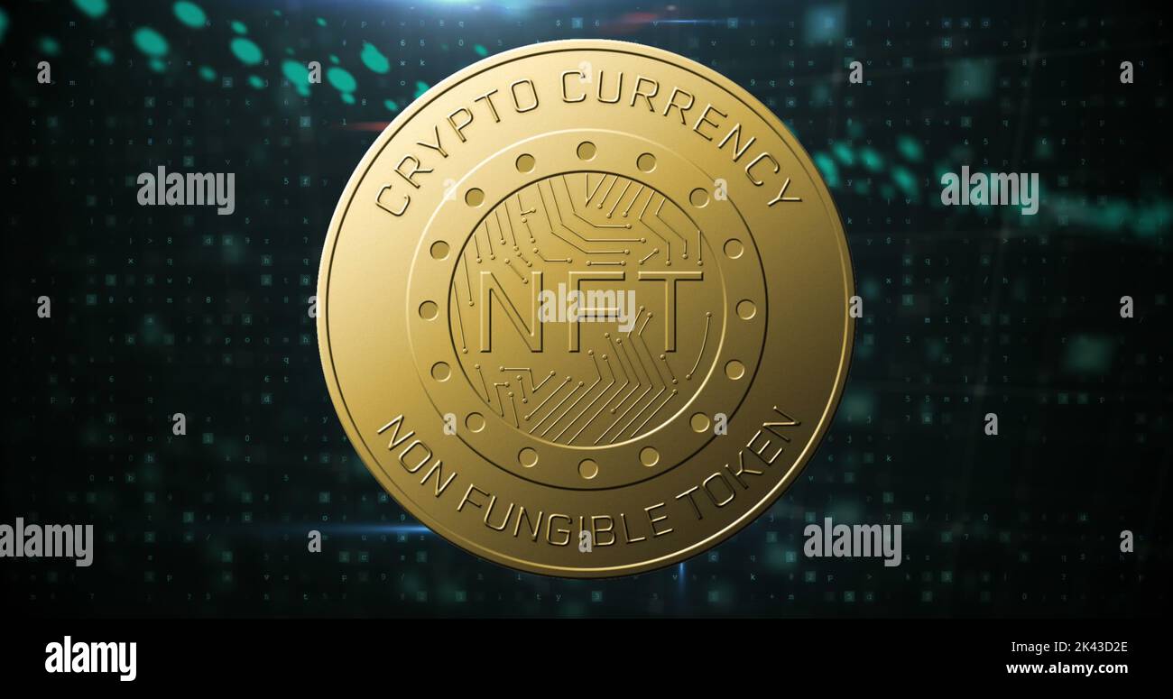 Image of data processing over nft coin Stock Photo