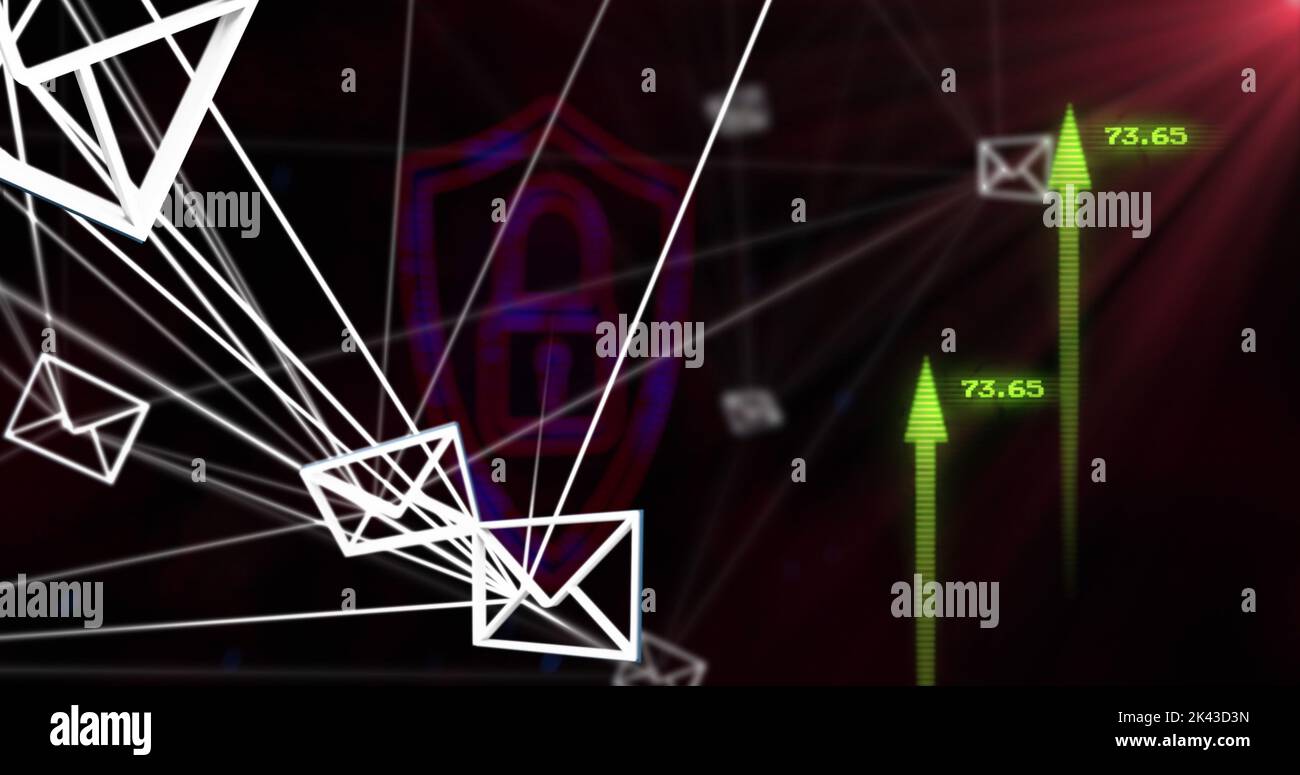 Image of data processing over arrows and padlock Stock Photo