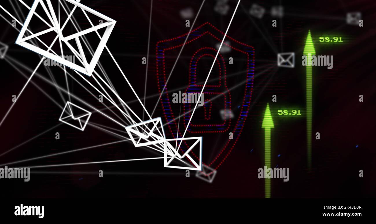 Image of data processing over arrows and padlock Stock Photo