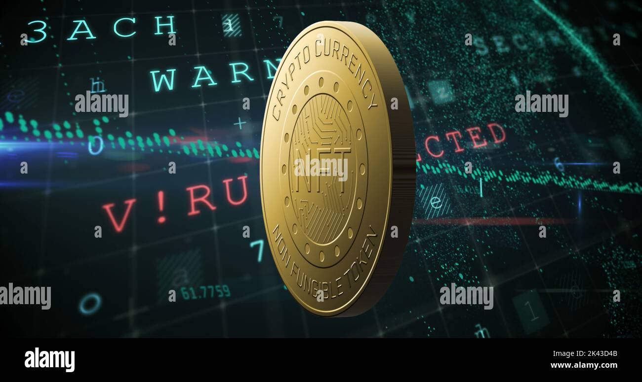 Image of data processing over nft coin Stock Photo