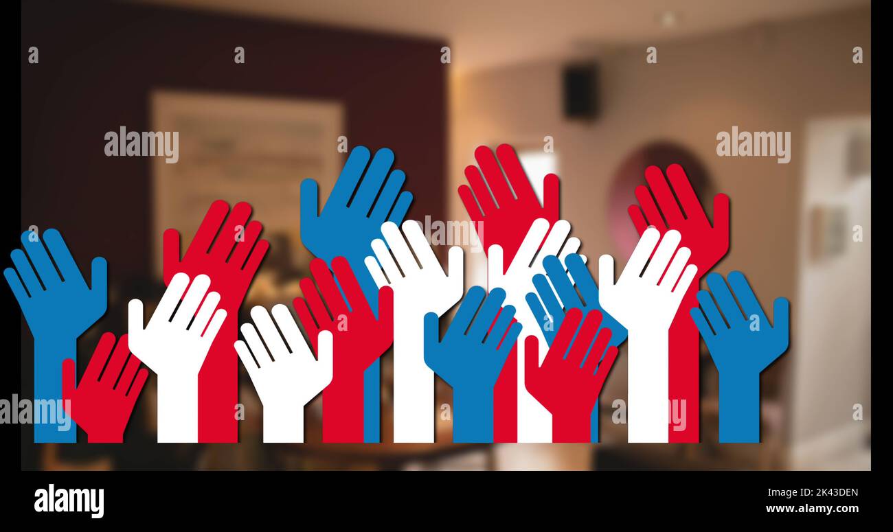 Image of raising hands over empty house interior Stock Photo