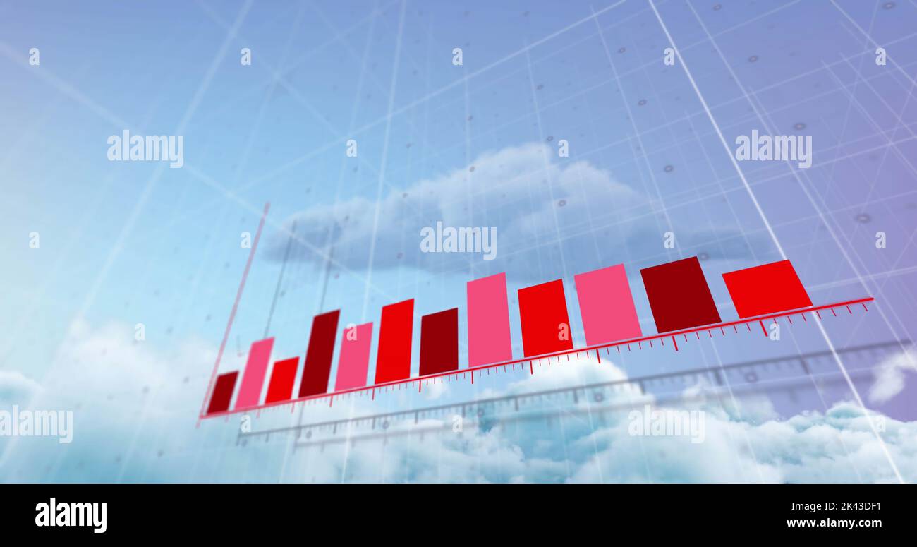 Image of statistical data processing over clouds in the blue sky Stock Photo