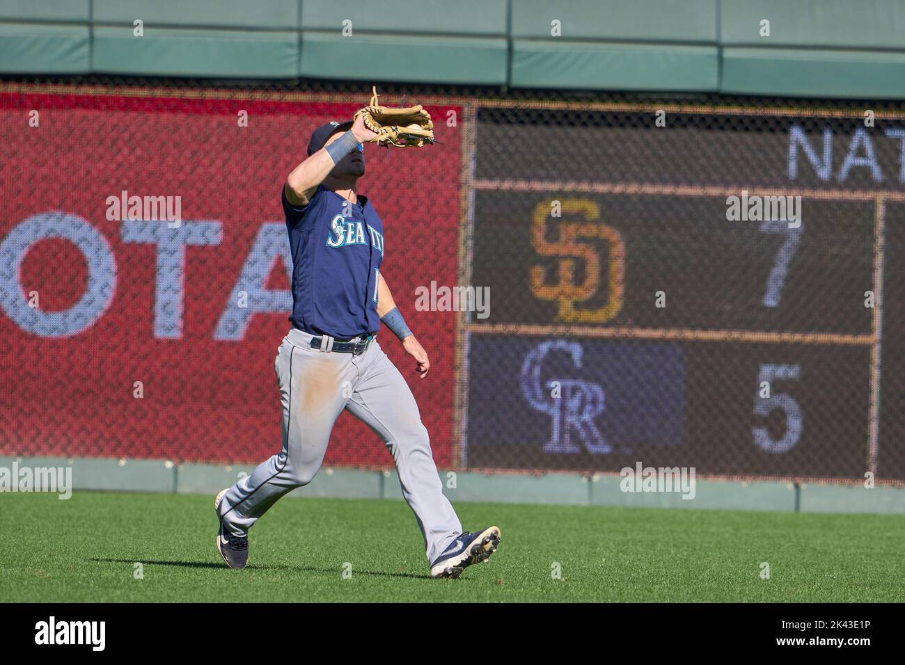 September 25 2022: Seattle center fielder Jarred Kelenic(10) makes a play during the game with Seattle Mariners and Kansas City Royals held at Kauffman Stadium in kansas City Mo. David Seelig/Cal Sport Medi Stock Photo