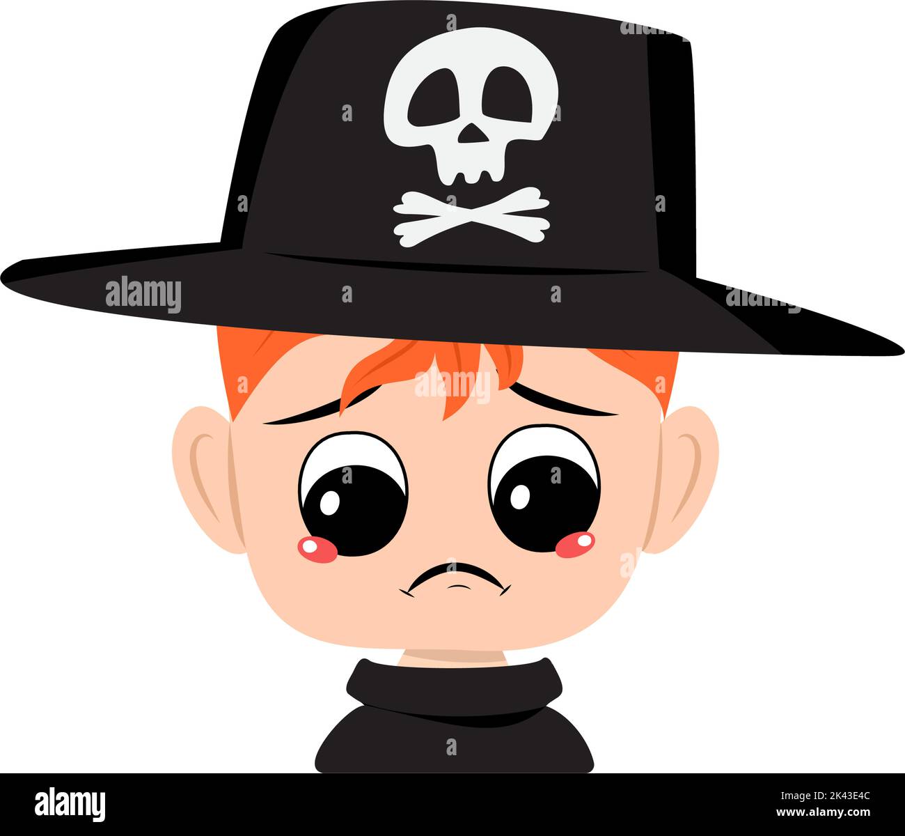 Avatar of boy with red hair, crying and tears emotion, sad face, depressive eyes in hat with skull. Head of cute child with melancholy expression in carnival costume for Halloween party Stock Vector