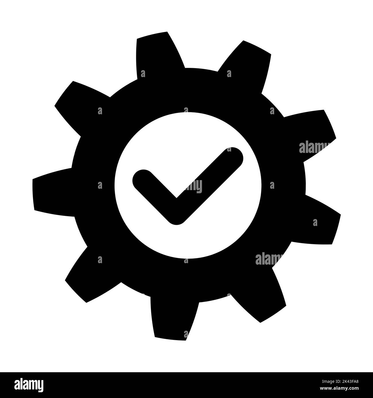 Gear with check icon in flat. Successful process symbol isolated on white. Success sign with cog. Update sign, technology, engine in black. Vector ill Stock Vector