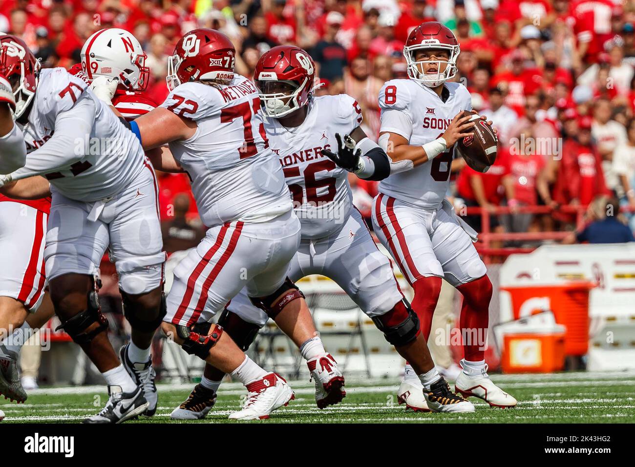 Lincoln, NE. U.S. 17th Sep, 2022. Oklahoma Sooners quarterback Dillon Gabriel #8 sits in the pocket as teammates offensive lineman Chris Murray #56 and McKade Mettauer #72 protect in action during a NCAA Division 1 football game between Oklahoma Sooners and the Nebraska Cornhuskers at Memorial Stadium in Lincoln, NE. Oklahoma won 49-14.Attendance: 87,161.385th consecutive sellout.Michael Spomer/Cal Sport Media/Alamy Live News Stock Photo