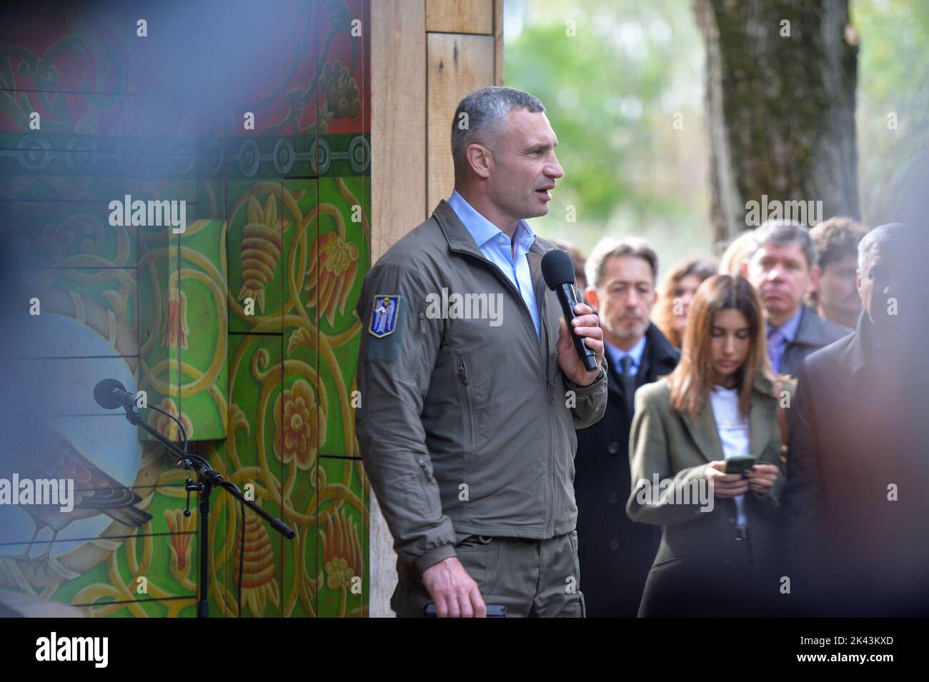 KYIV, UKRAINE - SEPTEMBER 29, 2022 - Kyiv Mayor Vitali Klitschko speaks during a joint interreligious prayer dedicated to the Day of Remembrance of the Babyn Yar Victims at the symbolic Place for Reflection synagogue on the territory of the Babyn Yar National Historical and Memorial Reserve, Kyiv, capital of Ukraine. Stock Photo