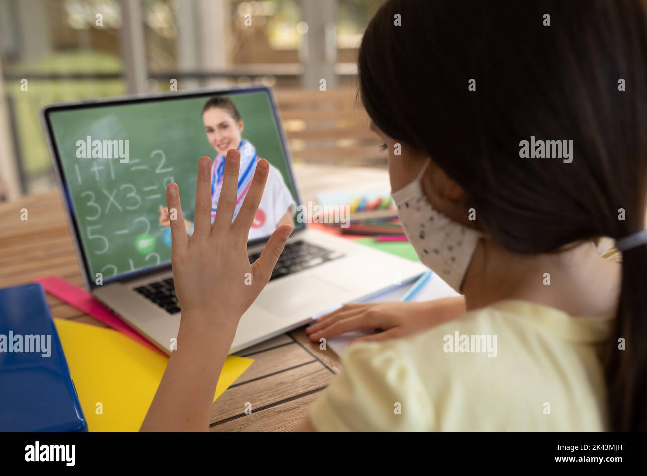 Female student wearing face mask having a video call with female ...