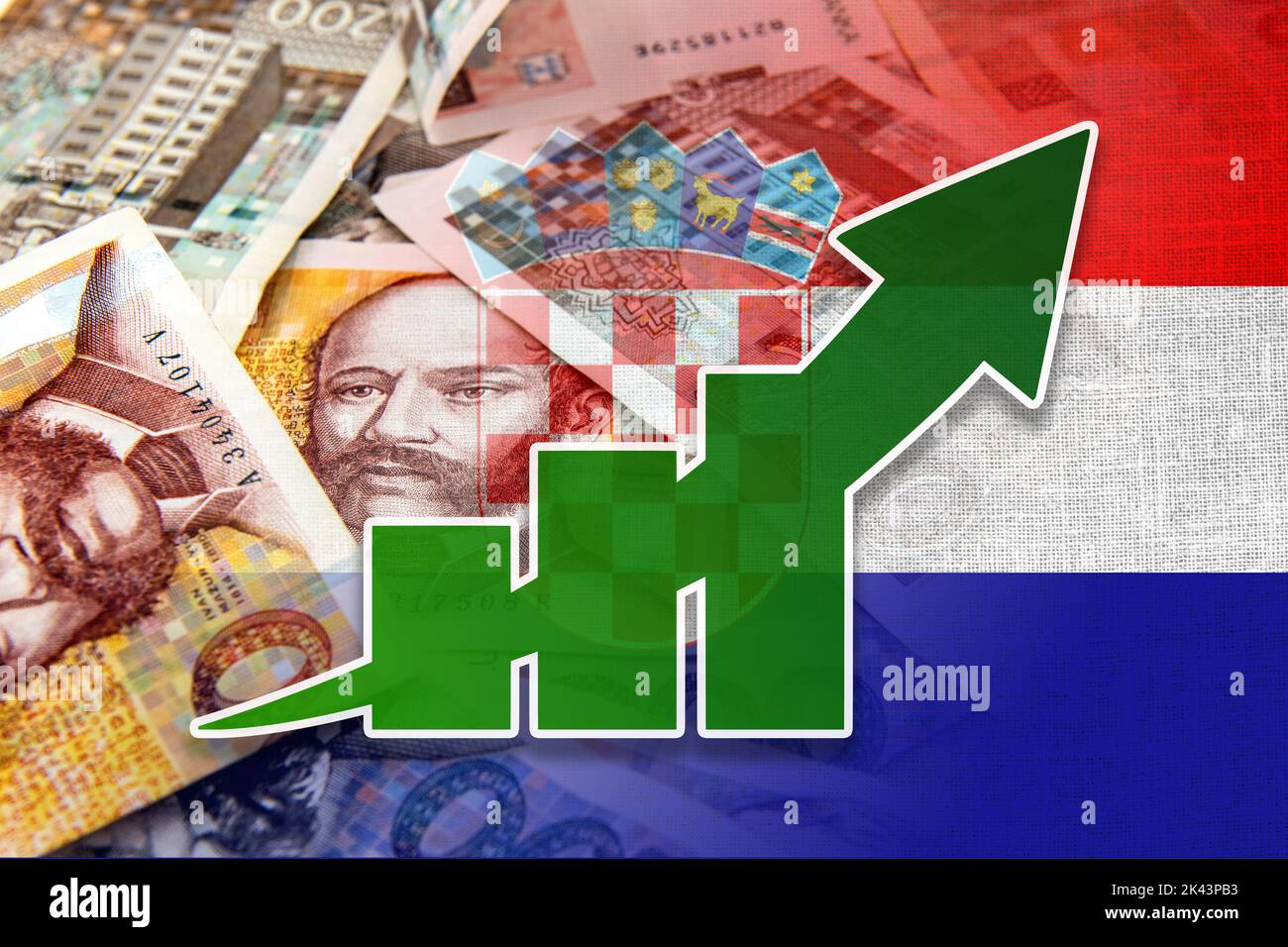 Economy Graph: Rising Arrow, Croatia Flag and Cash Kuna Banknotes Stock