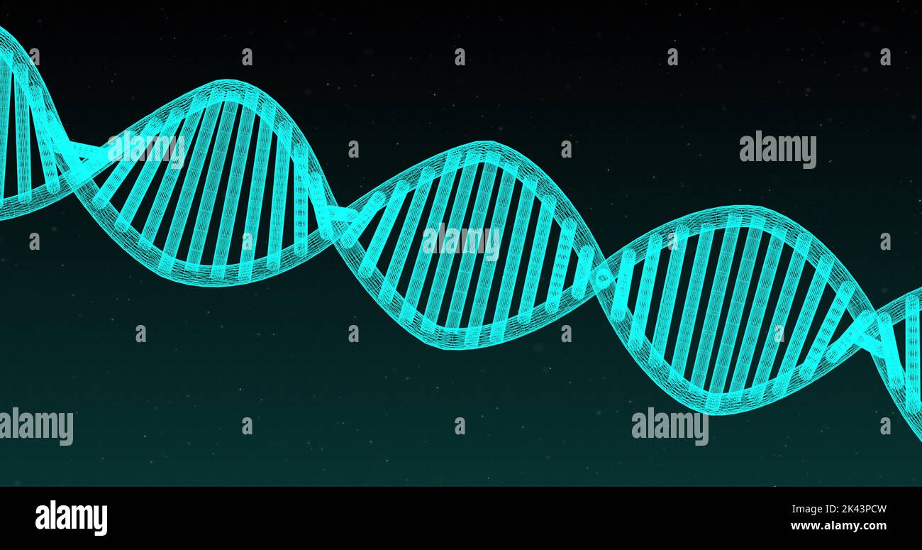 Image of blue glowing double helix DNA strand spinning on blue ...
