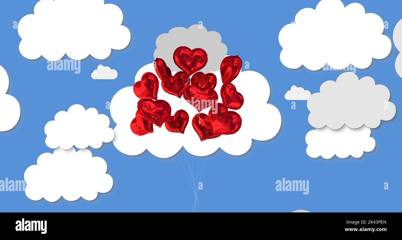Image of multiple digital red heart shaped balloons love icons floating ...