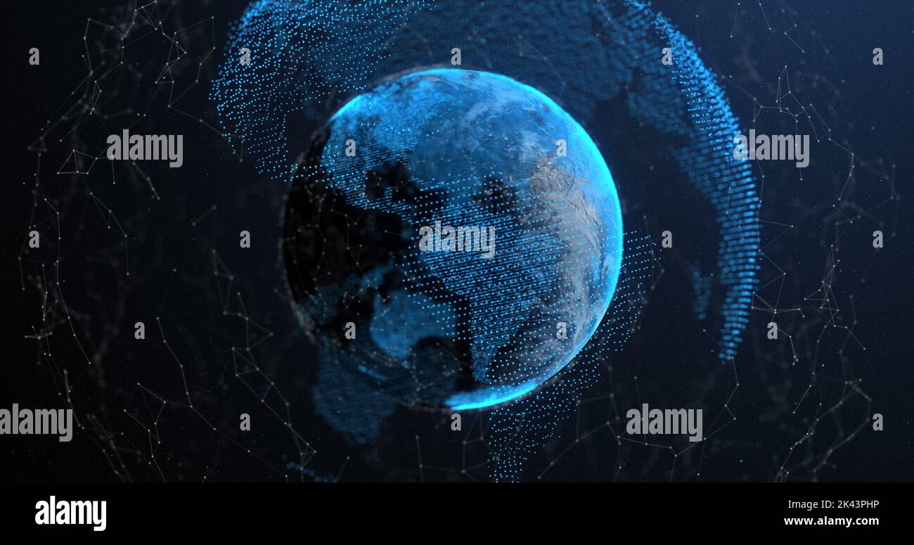 Image of blue glowing planet Earth with digital network of connections ...