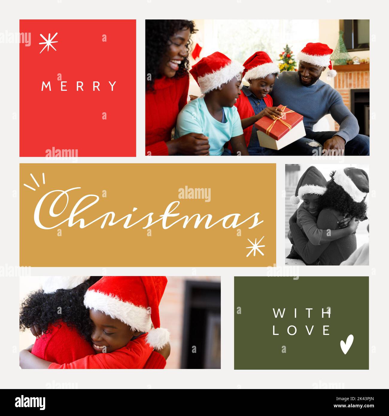 Composition of merry christmas text over african american family with presents Stock Photo
