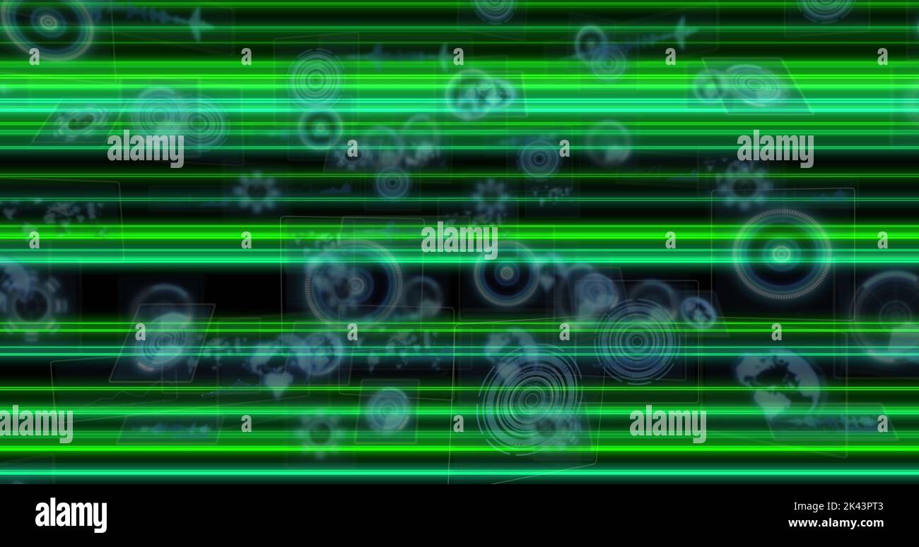 Image of light trails over data processing Stock Photo