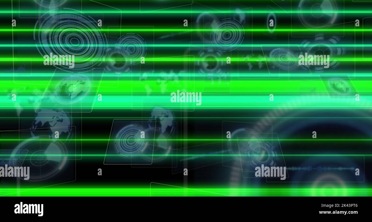 Image of light trails over data processing Stock Photo