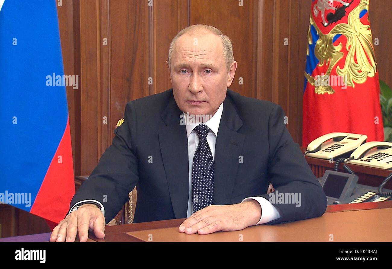September 21, 2022. - Russia, Moscow. - Russian President Vladimir Putin speaks during a televised address. President Putin announced partial military mobilization during the address. The Russian Armed Forces are carrying out a special military operation in Ukraine in response to requests from the leaders of the Donetsk People's Republic and Lugansk People's Republic for assistance. Video grab/Russian Presidential Press and Information Office Stock Photo