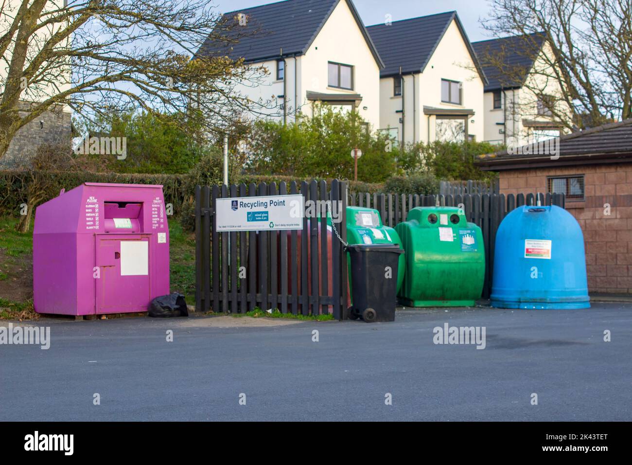 4/11/2020 The Banks carpark at Ballyholme in Bangor County Downcontaining glass and clothing recycling facilities. The bottle banks have become dirty Stock Photo