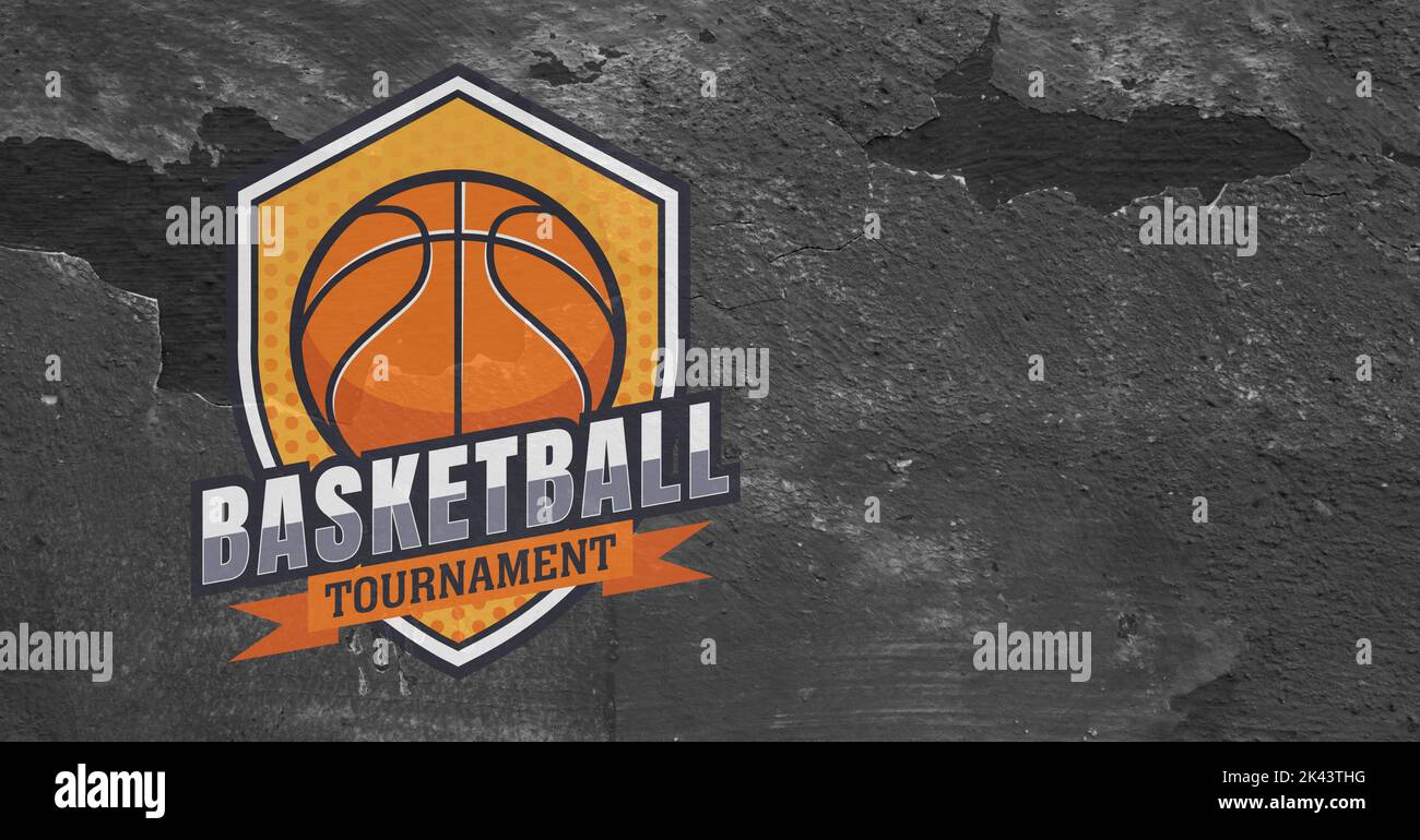 Composition of orange, white and black basketball tournament shield design,  on concrete texture. sport and competition logo design concept design digi  Stock Photo - Alamy, image size:1300x770