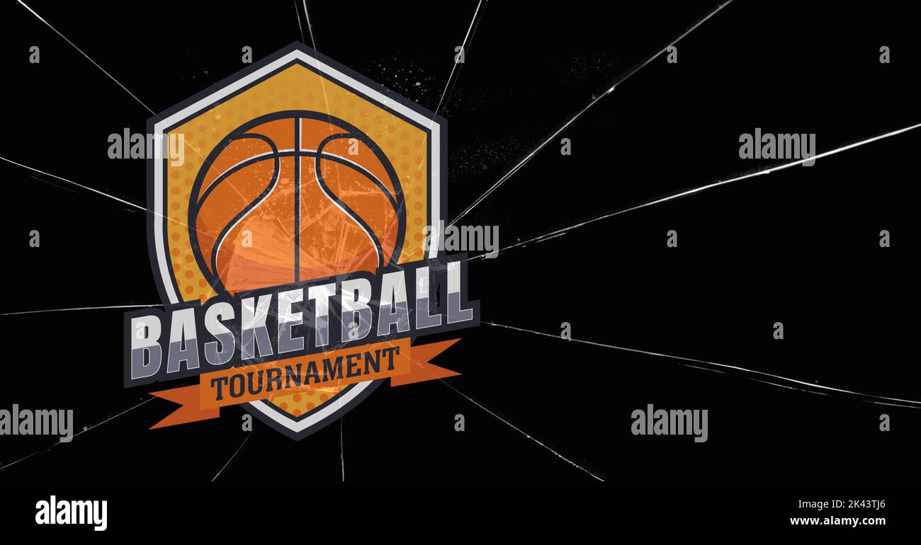 Composition of orange and white basketball tournament shield design, on