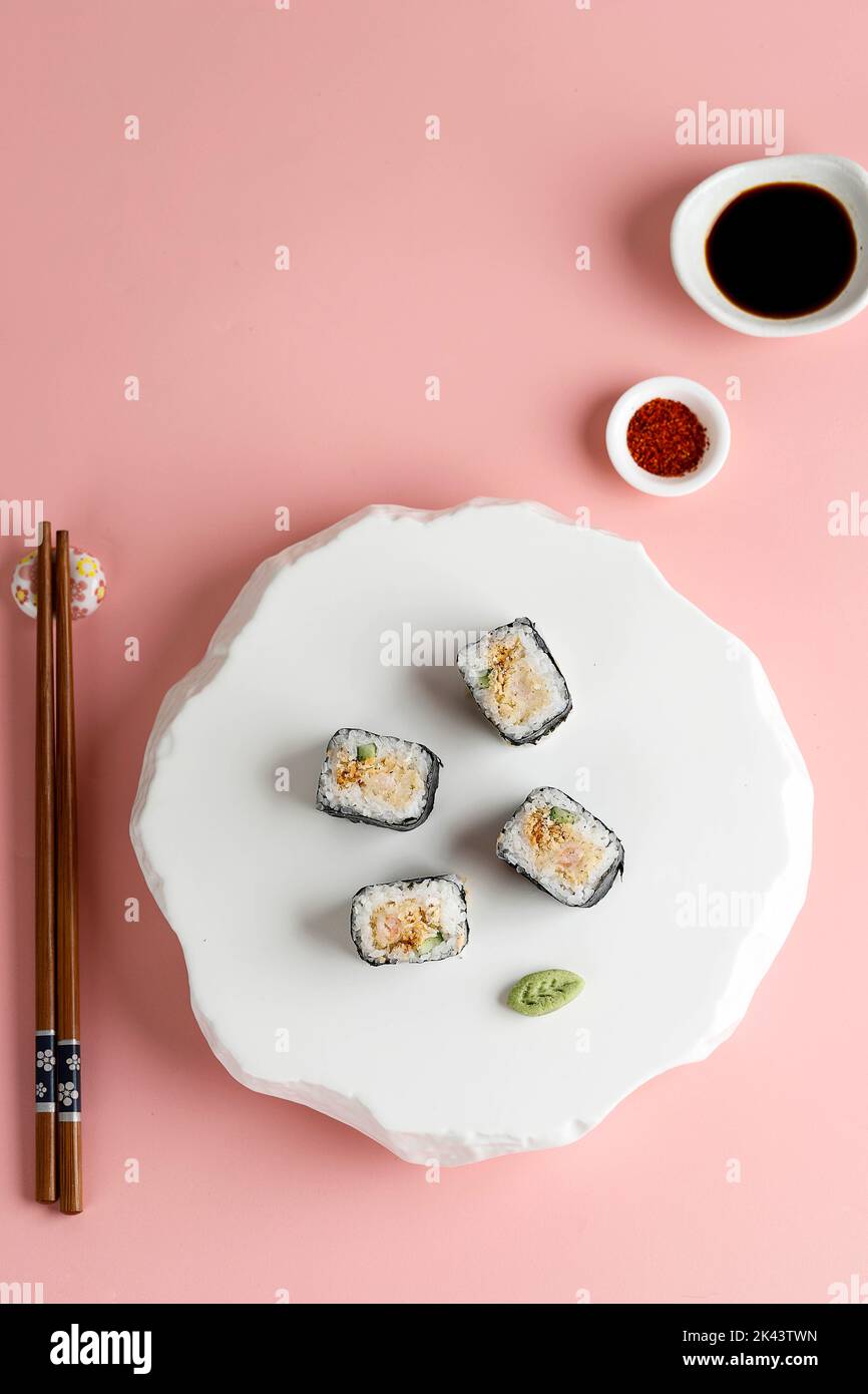 Top View Spicy Tuna Roll Toro Maki Sushi with Wasabi, Soy Sauce, and ...