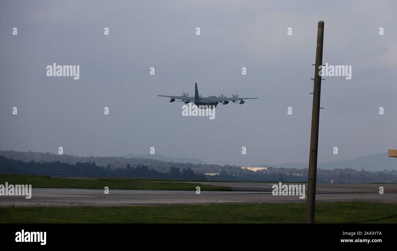 A U.S. Marine Corps KC-130J Super Hercules takes off during an Alert Contingency Marine Air-Ground Task Force drill on Okinawa, Japan, initiating the deployment of the division’s Forward Command Element participating in KAMANDAG 6 in the Philippines, Sept. 27, 2022. KAMANDAG is an annual bilateral exercise between the Armed Forces of the Philippines and U.S. military designed to strengthen interoperability, capabilities, trust, and cooperation built over decades of shared experiences. (U.S. Marine Corps photo by Sgt. Levi J. Guerra) Stock Photo