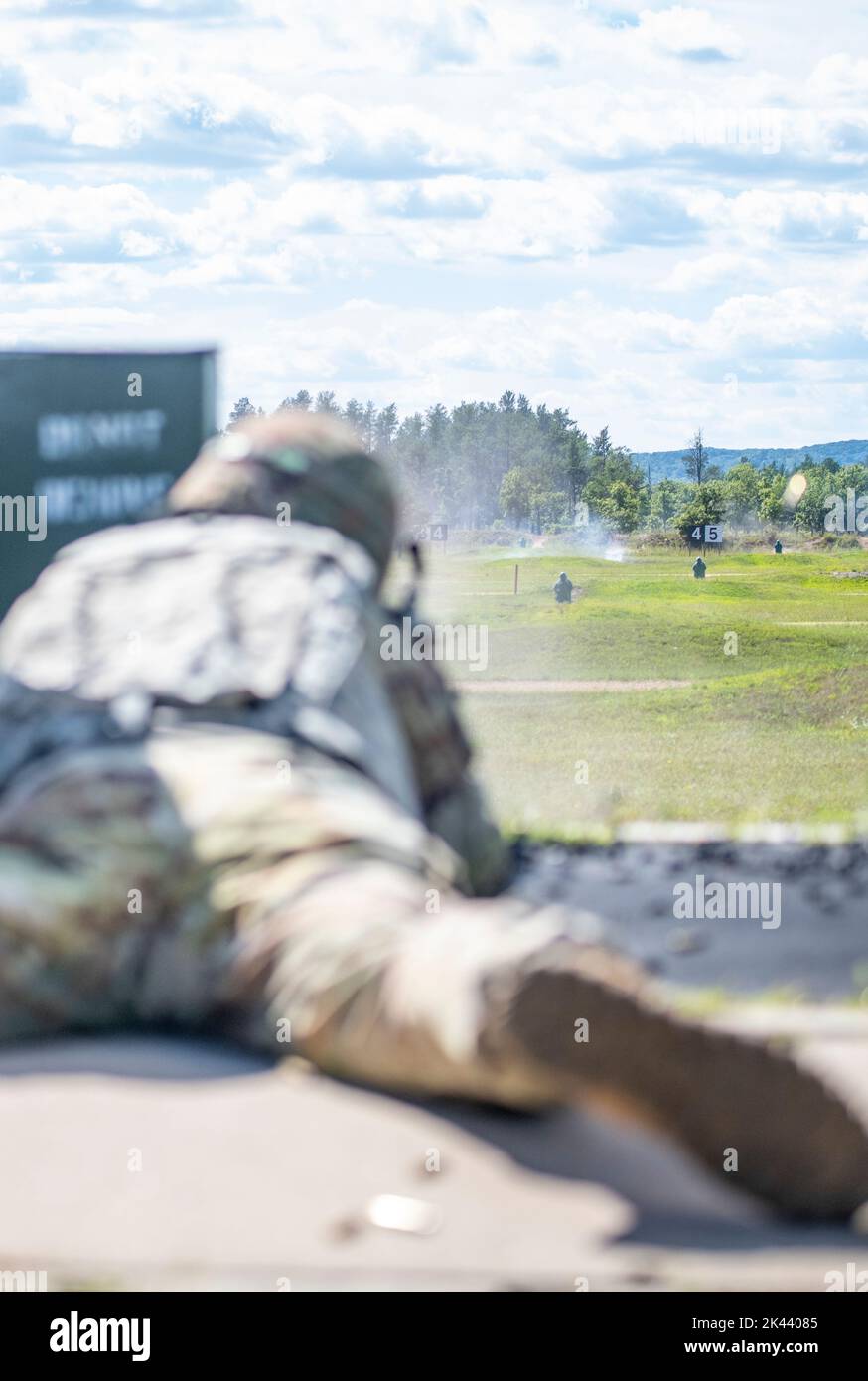 Soldiers with the 370th Chemical Company participate in weapons qualifications on ranges at Fort McCoy, Wis., as part of the Red Dragon exercise in August, 2022. U.S. Army photo by Kevin W. Clark Stock Photo