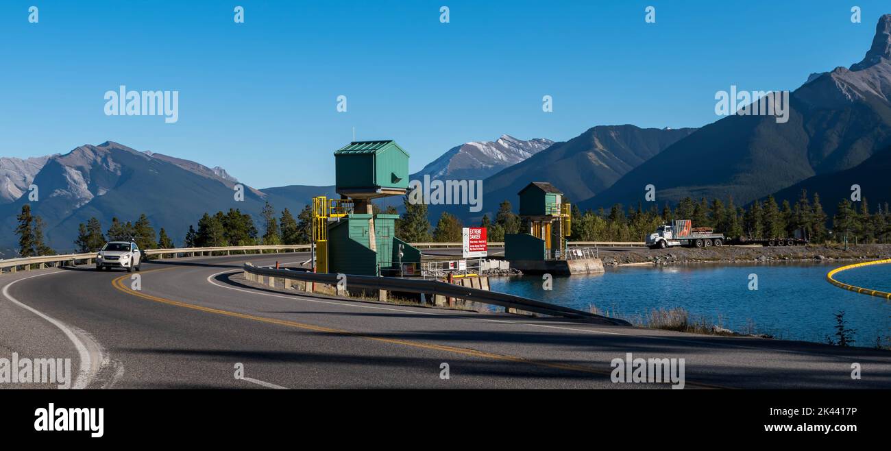 The dam on the Rundle Forebay Reservoir on the Three Sisters Parkway in