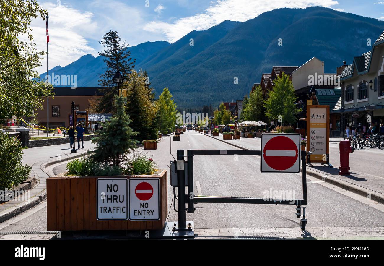 The do not enter signs for the bus lane on Banff Avenue in Banff, Alberta, Canada Stock Photo