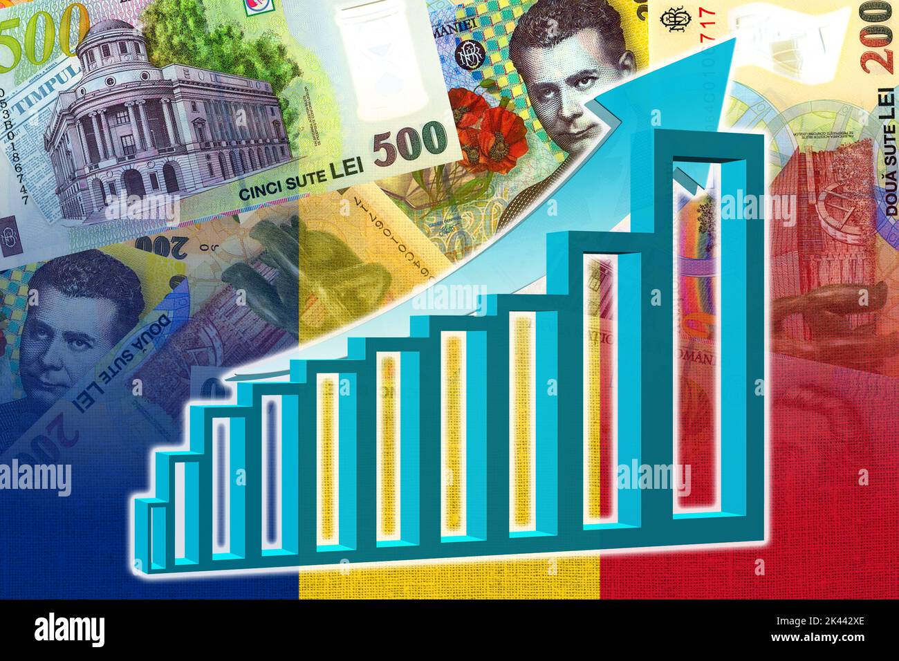 Economy Graph: Rising Arrow, Romania Flag and Cash Leu Banknotes Stock Photo