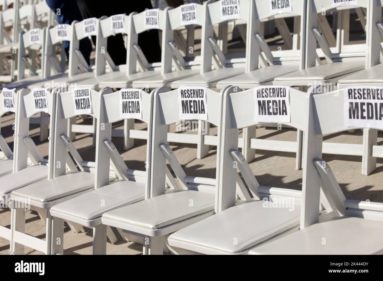 Sierra County, New Mexico, United States.  Rows of VIP chairs set up for media Stock Photo