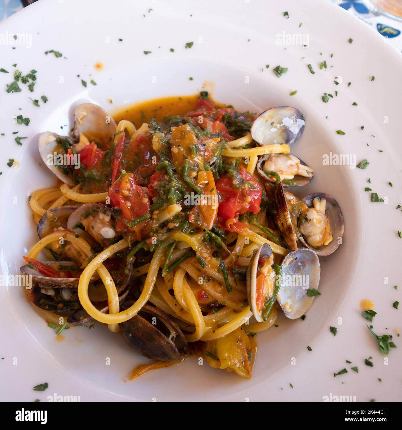 Spaghetti with tomatoes and clams Stock Photo