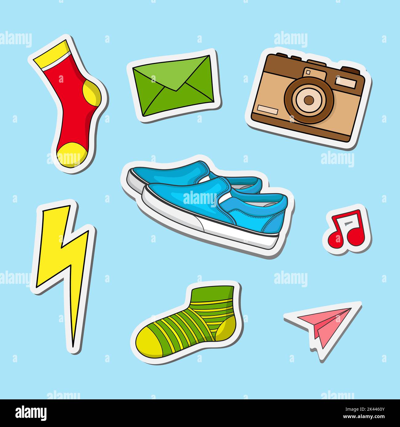 cute sticker for kids colorful socks shoes and camera set in doodle style illustration design Stock Vector
