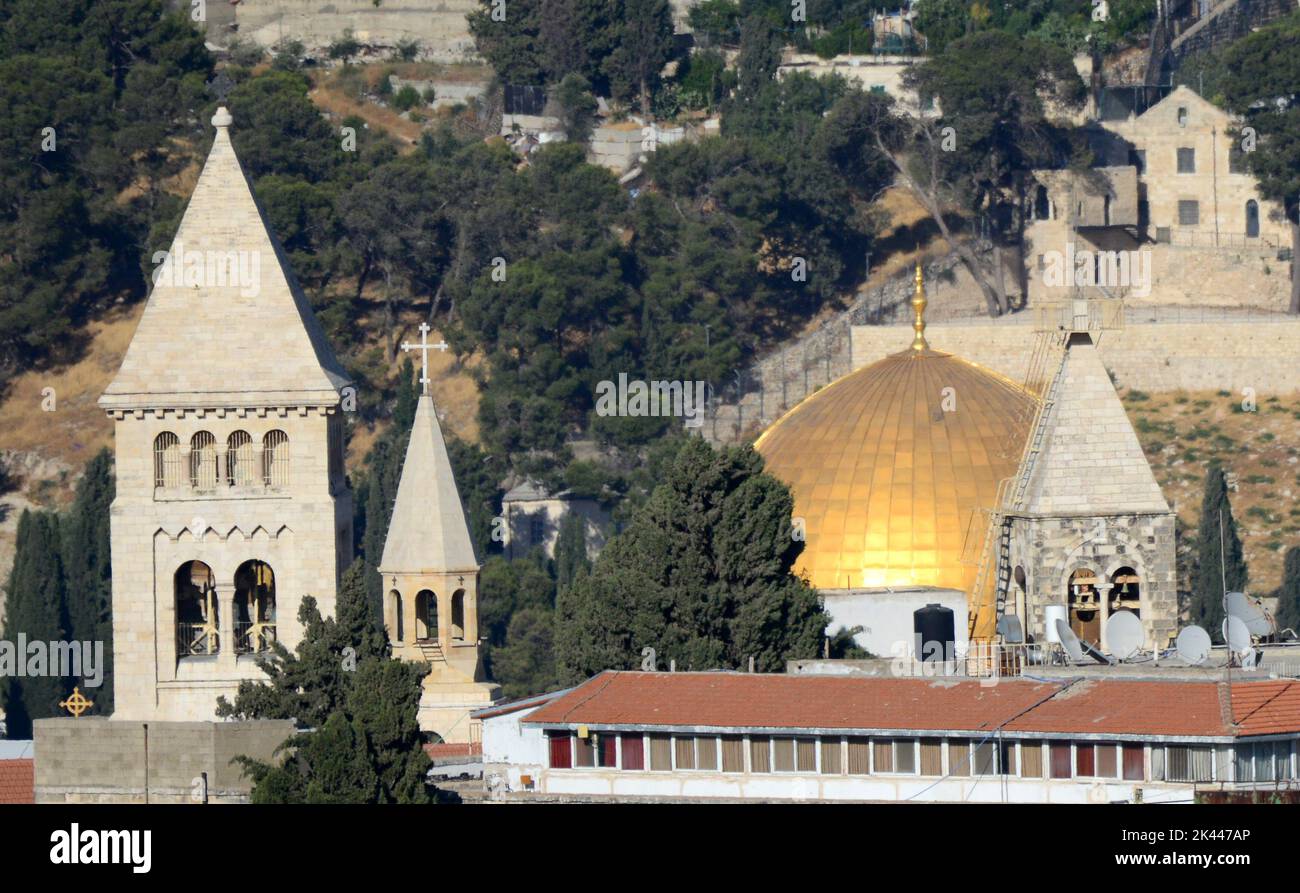 A view of the Dome of the Rock and the Lutheran church of the Redeemer in the old city of Jerusalem. Stock Photo