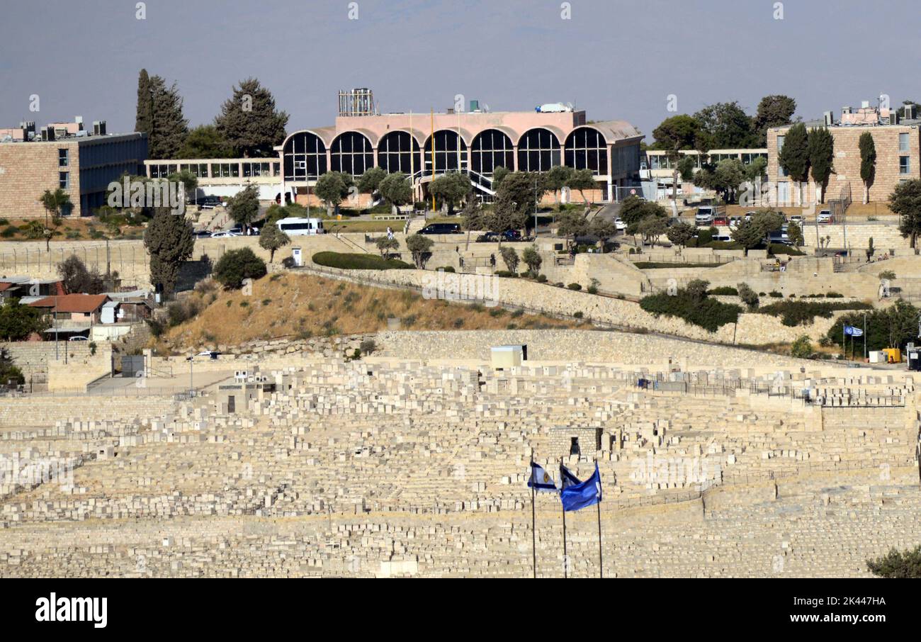 View of the Jewish cemetery and the 7 Arches hotel on the Mount of Olives in Jerusalem. Stock Photo