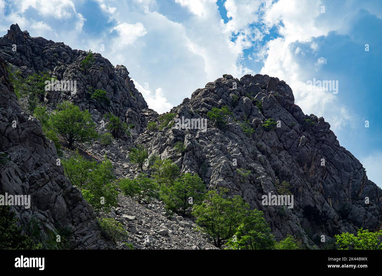 Rocky mountain landscape with some vegetation, located in Paklenica Croatia. Stock Photo