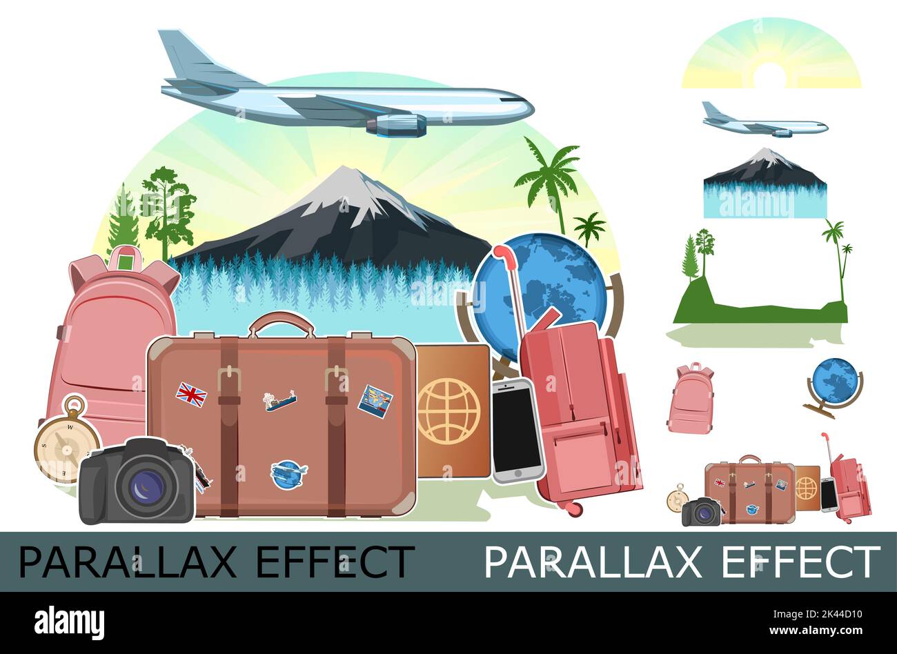 Tourism. Luggage suitcases. Plane. Traveling around the world. Design concept Isolated. Travel and adventure elements with bags. Image from layers for Stock Vector