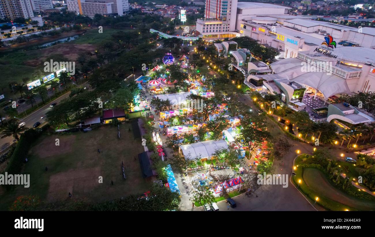 Aerial view of the summer market culinary festival in Bekasi, people eat a variety of national dishes, cultural diversity, city culinary appeal, sengg Stock Photo