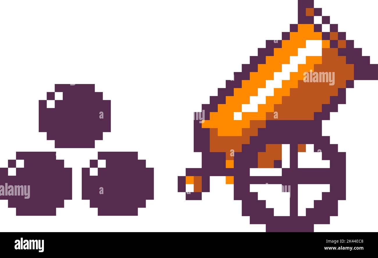 Pixelated cannon and bombs, 8 bit game weapon Stock Vector