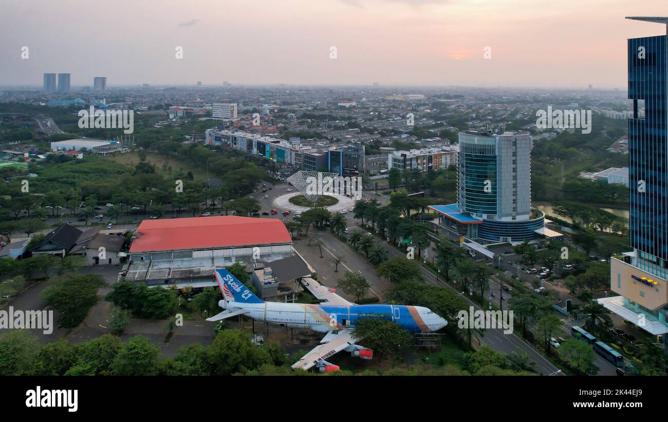 Aerial view of an old airplane on the side of the highway around Bekasi summarecon. repaired will become a restaurant. Bekasi, Indonesia, September 30 Stock Photo