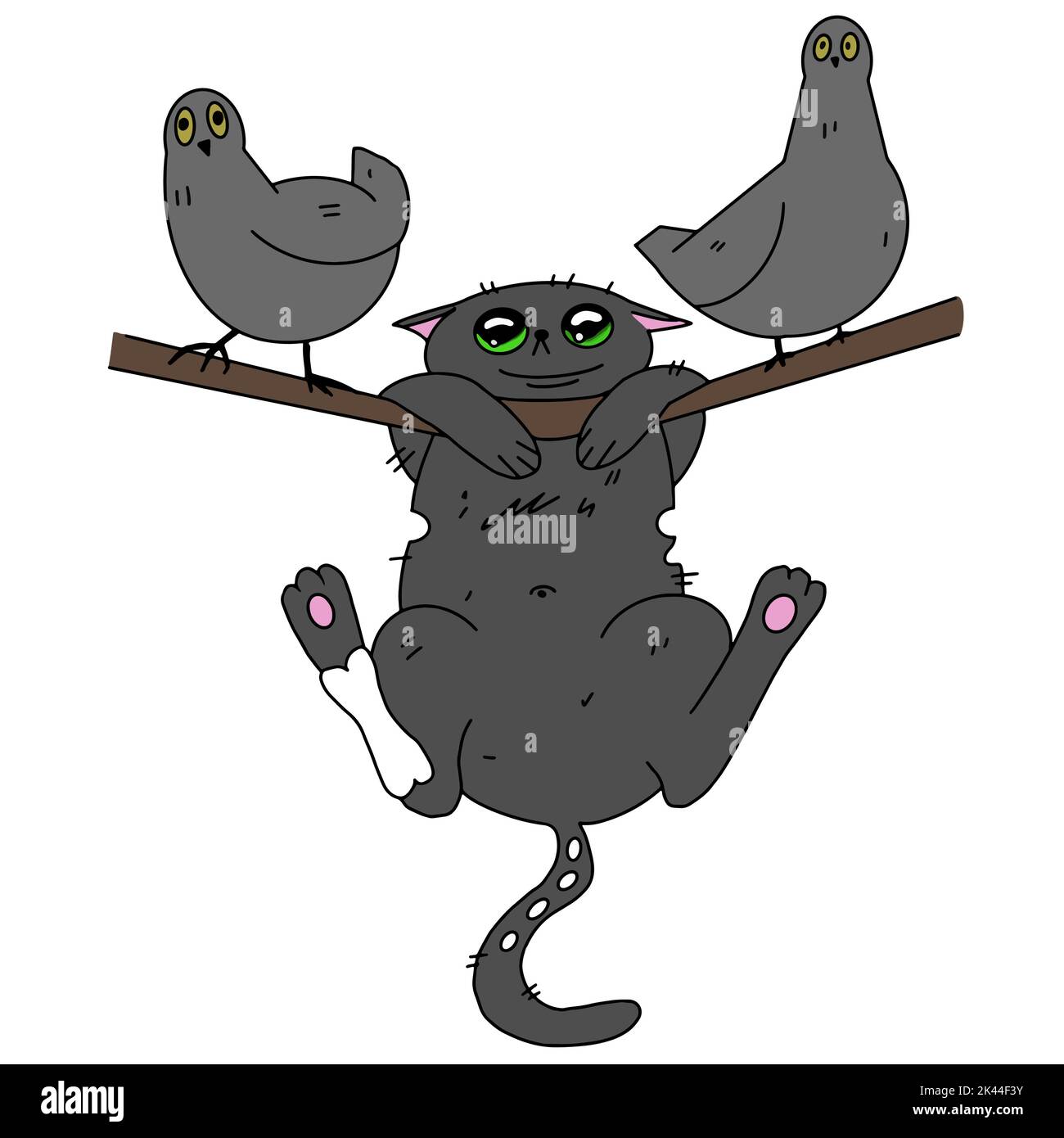 zombie cat hung on a rope and two pigeons sit there halloween illustration Stock Vector