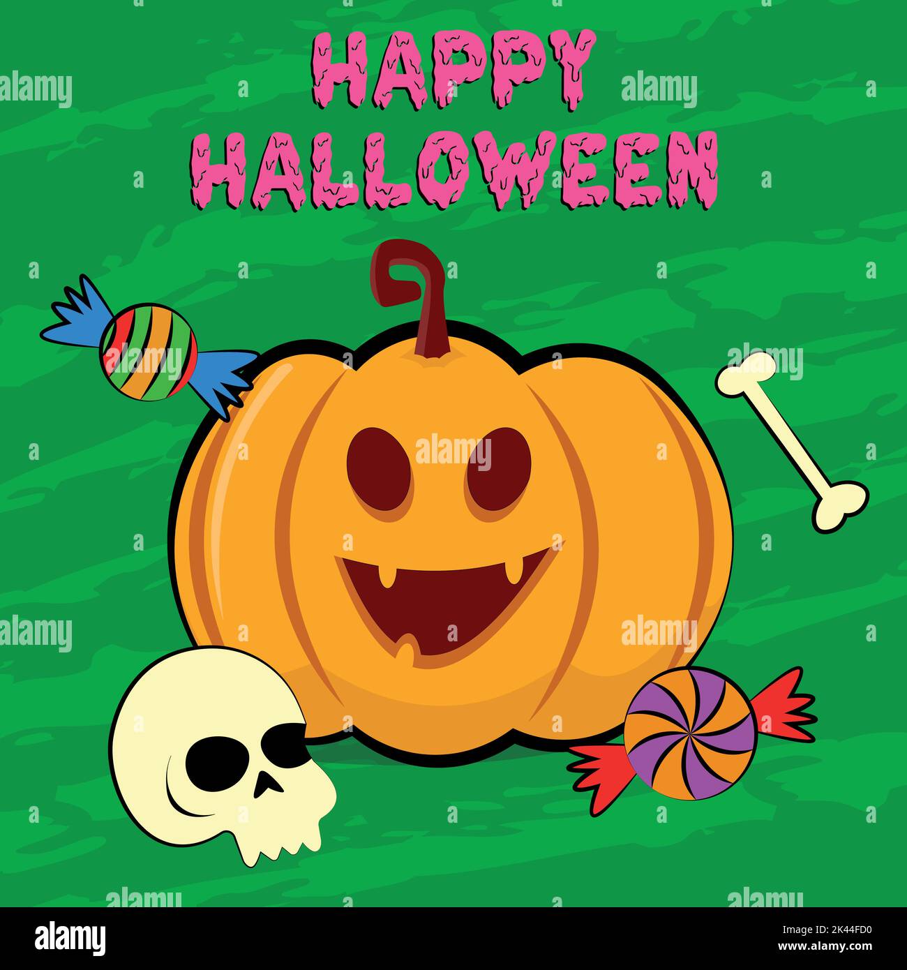 halloween card with pumpkin on green phone illustration Stock Vector