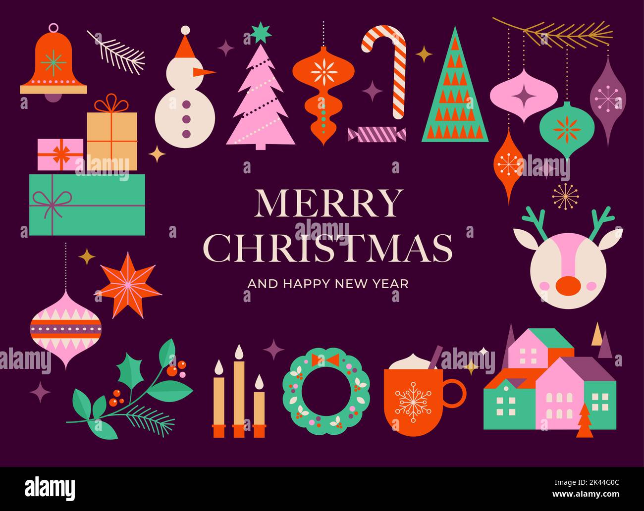 Christmas background with multiple Xmas decorations and winter elements. Colorful vector illustration in flat geometric cartoon style Stock Vector