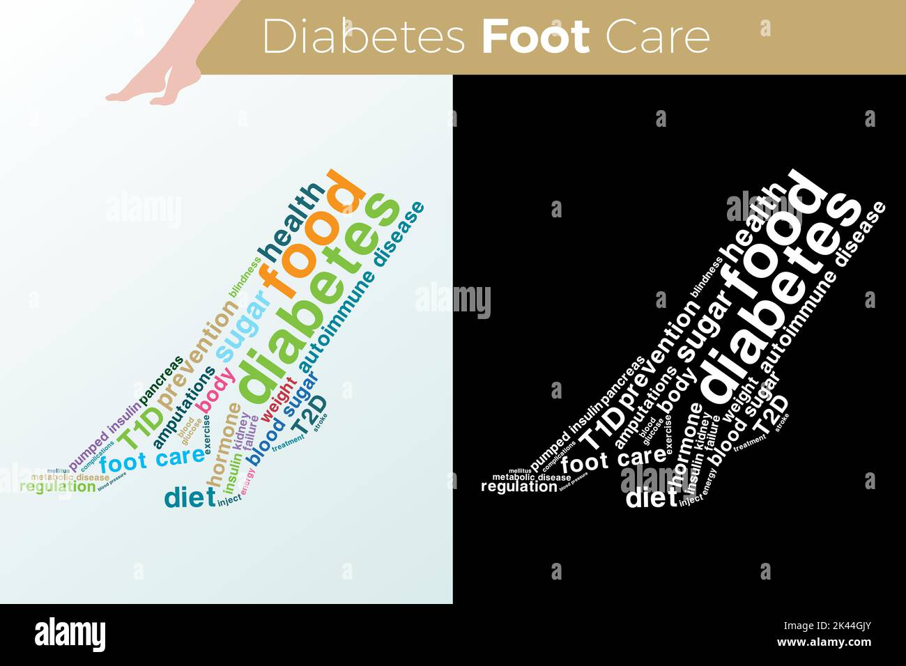 foot vector illustration design typography style for education diabetes knowledge. Everyone should control their blood sugar levels. Isolated infograp Stock Vector