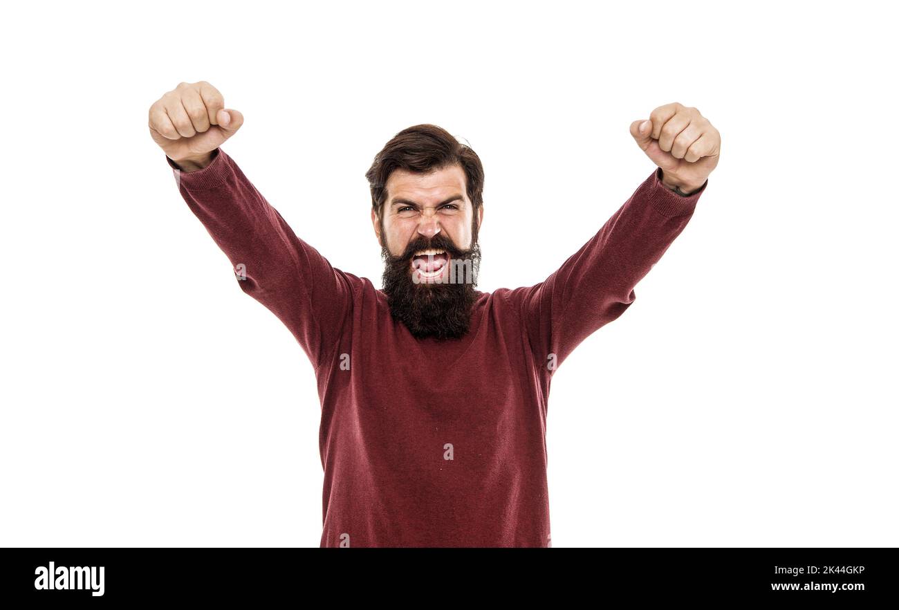 I got promotion. celebrating success and victory. he is lottery winner. real champion. human facial expressions. completely happy man. bearded hipster Stock Photo