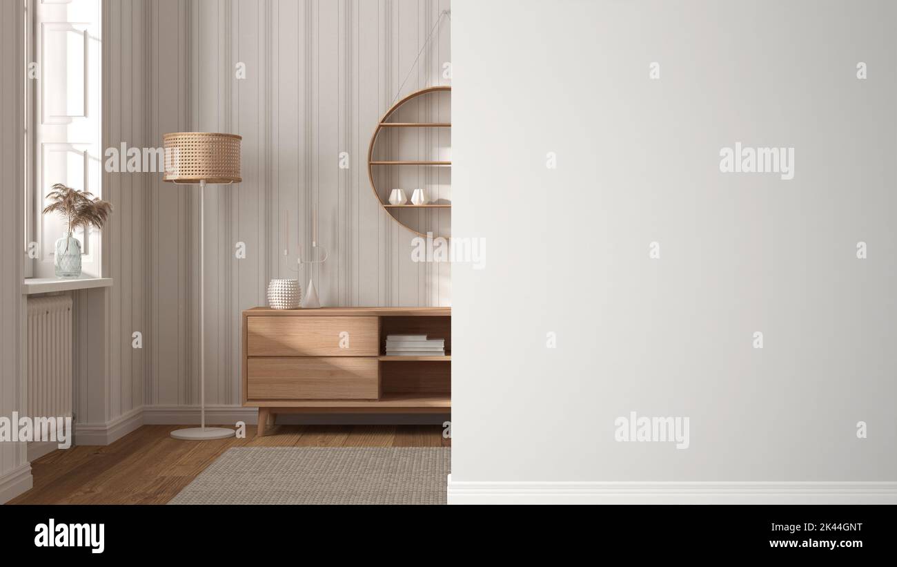 Modern wooden living room with chest of drawers on a foreground wall ...