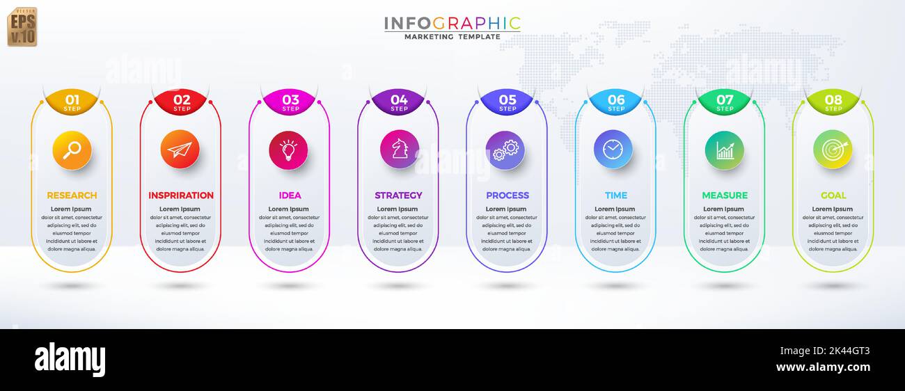 Infographic business colorful vector design circle icons 8 options isolated in minimal style on world map. You can used for Marketing process, workflo Stock Vector