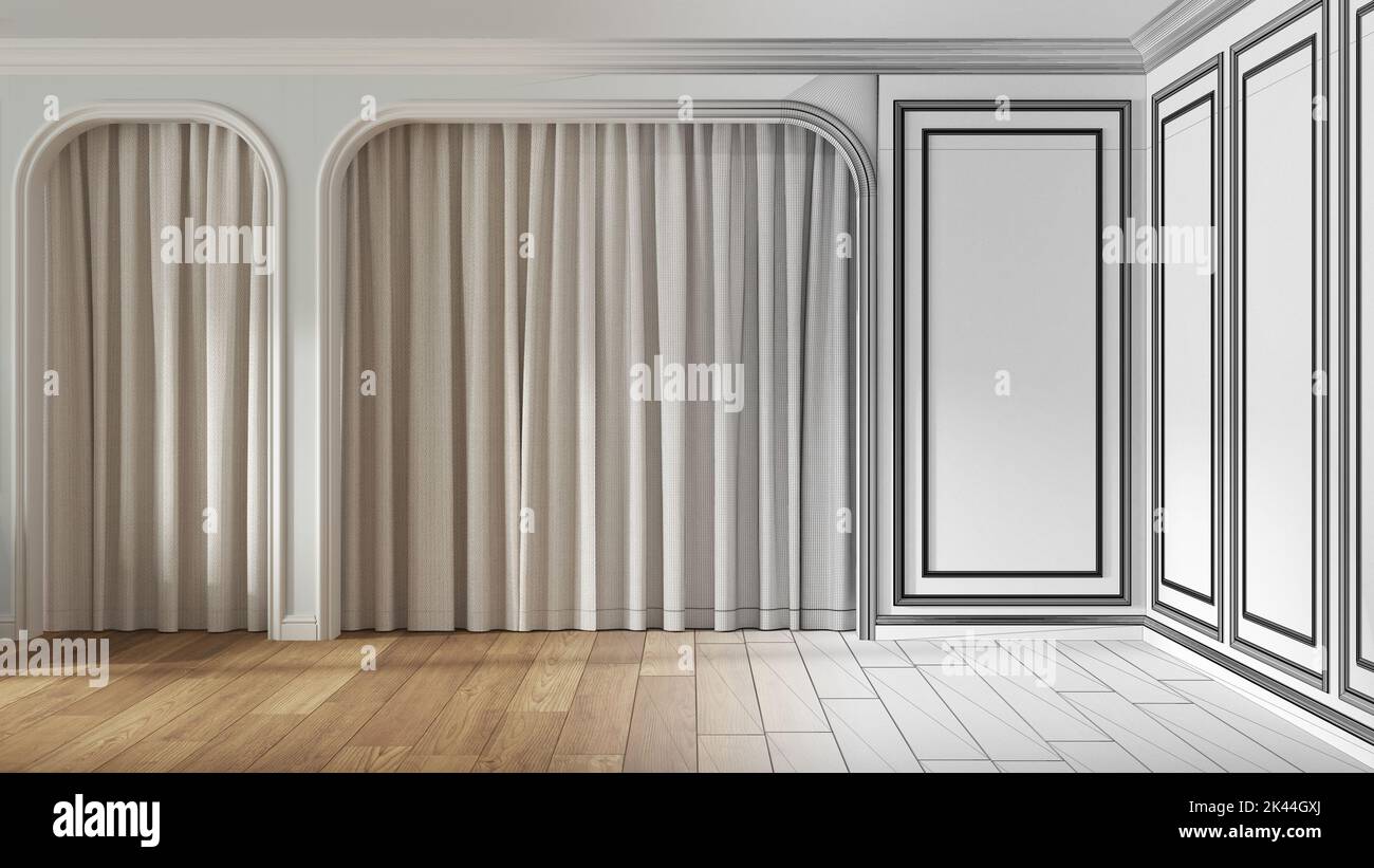 Architect interior designer concept: hand-drawn draft unfinished ...